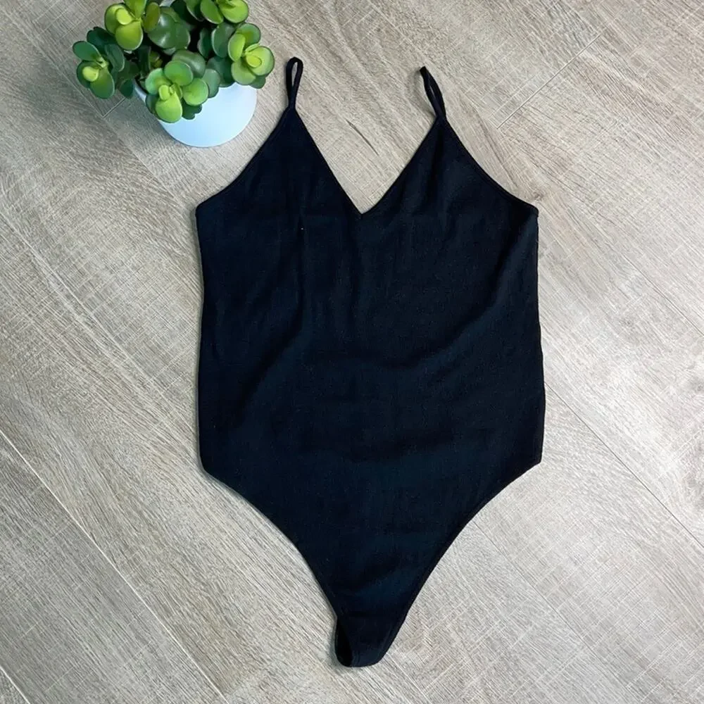 BP Black V-Neck Tank Ribbed Thong Bodysuit